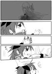  bad_id bad_pixiv_id blood bruise chibi greyscale hand_on_head highres injury long_hair magical_girl mahou_shoujo_madoka_magica miki_sayaka monochrome multiple_girls ponytail sakura_kyouko sword tears uri92 weapon 