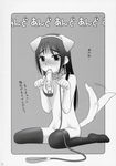 animal_ears blush collar comic copyright_request dog_ears doujinshi flat_chest greyscale highres leash monochrome mouth_hold navel nipples nude otakubeam shoe_in_mouth sitting solo sweat tail tail_wagging thighhighs wariza 