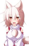  absurdres animal_ears bad_id bad_pixiv_id blush breasts brown_eyes detached_sleeves fang highres inubashiri_momiji jitome large_breasts open_mouth shirogonn short_hair slit_pupils solo tail tears touhou white_hair wolf_ears wolf_tail 