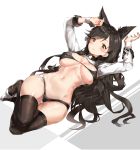  alternate_costume animal_ears arms_up ass_visible_through_thighs atago_(azur_lane) azur_lane bangs between_legs bikini black_bikini black_hair black_legwear blush breasts brown_eyes cleavage closed_mouth commentary_request covered_nipples cropped_jacket curvy extra_ears eyebrows_visible_through_hair feet_out_of_frame full_body hair_ribbon highleg highleg_bikini highres jacket large_breasts legs_together logo long_hair looking_at_viewer lying mole mole_under_eye navel on_back pixel_(yuxian) ribbon shoes shrug_(clothing) skindentation smile solo stomach swept_bangs swimsuit thighhighs thighs umbrella white_footwear white_jacket white_ribbon wrist_cuffs 