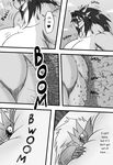  big_breasts blush breast_grab breasts comic day_with_dna dragon english_text female forest greyscale growth hair huge_breasts male monochrome muscles muscular_female ryuakira sitting text tree wood 