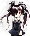  beako black_hair black_thighhighs bow dress elbow_gloves gloves hair_bow hair_covering_face hair_ribbon kono_lolicon_domome long_hair pointed_ears red_eyes ribbon thighhighs twin_tails 