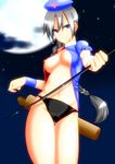  arrow blue_eyes bow_(weapon) braid breasts cloud don full_moon hat large_breasts moon nurse nurse_hat open_shirt oppai pantsu ponytail silver_hair sky stars touhou yagokoro_eirin 