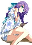  blush ginga_nakajima green_eyes hair_ribbon ibuki_pon japanese_clothes kimono long_hair lyrical_nanoha mahou_shoujo_lyrical_nanoha_strikers purple_hair ribbon solo sweat undressing yukata 