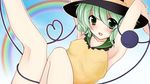  armpits arms_up bakko breasts close-up collarbone covered_nipples green_eyes green_hair hat highres komeiji_koishi legs rainbow short_hair simple_background small_breasts solo third_eye touhou 