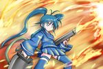  antenna_hair blue_eyes blue_hair blue_legwear fire flame flamethrower imaichi_moenai_ko kobe_shinbun long_hair pun skirt solo thighhighs twintails very_long_hair weapon zero_jager zettai_ryouiki 