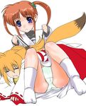  animal_ears fox_ears fox_girl fox_tail japanese_clothes kuon_(triangle_heart) lyrical_nanoha mahou_shoujo_lyrical_nanoha multiple_girls panties shinama simple_background socks tail takamachi_nanoha triangle_heart triangle_heart_3 twintails underwear white_background 