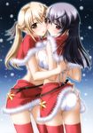  2girls blush bra christmas kurashima_tomoyasu overfiltered pantsu scanning_resolution skirt skirt_lift symmetrical_docking thighhighs yuri 