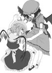  ascot bat_wings dress flandre_scarlet greyscale hat highres jewelry monochrome multiple_girls open_mouth remilia_scarlet ribbon shichimenchou short_hair siblings simple_background sisters touhou wings 