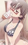  bad_id bad_pixiv_id bikini_top breasts brown_eyes brown_hair celebi_ryousangata cleavage commentary_request food food_on_face glasses ice_cream ice_cream_cone ice_cream_on_face k-on! manabe_nodoka medium_breasts open_mouth red-framed_eyewear semi-rimless_eyewear sexually_suggestive short_hair solo suggestive_fluid sweat tongue under-rim_eyewear 