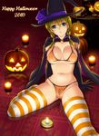  bikini black_gloves blonde breasts cameltoe candle cape earrings elbow_gloves fire gloves green_eyes halloween jack-o&#039;-lantern large_breasts mizugi nipples oppai pubic_hair pumpkin sitting striped_thighhighs thighhighs transparent_clothing twin_tails witch_hat 