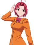  ahoge bow bowtie brown_eyes dai-guard momoi_ibuki pink_hair ribonzu salute short_hair simple_background solo 