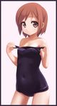  bad_id bad_pixiv_id bare_shoulders brown_eyes brown_hair covered_navel light_smile looking_at_viewer one-piece_swimsuit original sawada_yuusuke school_swimsuit short_hair simple_background solo swimsuit swimsuit_pull undressing 