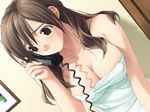  blush breasts brown_eyes brown_hair cleavage corded_phone covered_nipples game_cg hashimoto_takashi impossible_towel kasuga_yoshino large_breasts long_hair naked_towel phone solo towel wet white_breath 