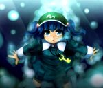  :o absurdres blue_eyes blue_hair bubble dress hair_bobbles hair_ornament highres kawashiro_nitori key open_mouth outstretched_arms pocket ryuu_(multitask) short_hair solo spread_arms touhou two_side_up underwater 