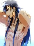  abs black_hair earrings hoop_earrings jewelry long_hair magi_the_labyrinth_of_magic male_focus matsuo_shin mouth_hold shirtless sinbad_(magi) solo wet 