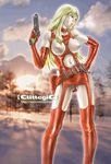  belt blonde_hair breastless_clothes breastless_clothing breasts cameltoe clitlogic gun large_breasts latex latex_suit mihoto_kouji upskirt weapon 