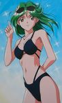  90s asou_kasumi bikini black_bikini brown_eyes earrings green_hair jewelry kokura_masashi lossy-lossless necklace non-web_source official_art pointing scan smile solo sparkle sunglasses swimsuit tokimeki_memorial 