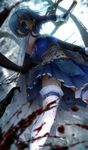  blood blood_on_face bloody_clothes blue_eyes blue_hair blurry cape cuts depth_of_field empty_eyes from_below gloves grin highres injury magical_girl mahou_shoujo_madoka_magica miki_sayaka mutsuki_(moonknives) navel short_hair smile solo sword teeth thighhighs torn_cape torn_clothes torn_legwear weapon white_gloves white_legwear zettai_ryouiki 