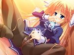  blonde blue_eyes feet game_cg onanism pantsu pantyhose pen ribbons soles striped tagme twin_tails 