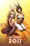  2girls animal_ears aqua_eyes bare_shoulders bikini breasts brown_eyes brown_hair bunny_ears bunny_tail bunnysuit copyright_request hand_on_shoulder highleg highleg_bikini highleg_swimsuit highres large_breasts mawang multiple_girls pantyhose short_hair side-tie_bikini swimsuit tail thighhighs wrist_cuffs 