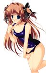  :o absurdres adjusting_clothes adjusting_swimsuit asuka_mirai blue_eyes blush bow brown_hair hair_bow highres long_hair mikeou nanairo_kouro one-piece_swimsuit school_swimsuit simple_background solo swimsuit wet 