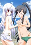  2girls absurdres ano_aoi_umi_yori beach bikini black_hair breast_hold fixed highres long_hair miyakura_umi mizugi multiple_girls navel ponytail purple_eyes red_eyes silver_hair smile swimsuit topless very_long_hair wink yuiki_riku yuizaki_kazuya 