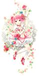  blush bow choker dress flower frills full_body gaha gloves happy highres kaname_madoka kneehighs magical_girl mahou_shoujo_madoka_magica mary_janes orange_flower orange_rose pink_eyes pink_flower pink_hair pink_rose puffy_sleeves red_choker red_flower red_rose ribbon rose shoes short_hair short_twintails solo twig twintails white_gloves white_legwear wings 