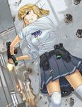  blind_fire blonde_girl_(itou) blonde_hair breasts clenched_teeth duplicate gun hair_ribbon itou_(onsoku_tassha) machine_pistol medium_breasts original popped_button purple_eyes ribbon school_uniform short_hair skorpion_vz._61 solo submachine_gun teeth thighhighs weapon zettai_ryouiki 