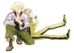  1girl blonde_hair bruce_lee's_jumpsuit food green_eyes huang_baoling ivan_karelin jacket jumpsuit letterman_jacket onigiri purple_eyes purple_jacket short_hair sitting tiger_&amp;_bunny yupopo_(hidame) 