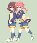  bad_id bad_pixiv_id brown_eyes closed_eyes inazuma_eleven_(series) inazuma_eleven_go jacket kirino_ranmaru kneehighs long_hair low_twintails moriyama_shijimi multiple_boys open_mouth pink_hair shindou_takuto shoes sneakers soccer_uniform sportswear twintails walking 