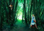  blonde_hair boots closed_eyes daisy_(daisyqueen511) dress forest hat instrument multiple_girls nature original tree violin 