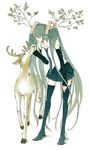  animal aqua_hair bare_shoulders boots branch closed_eyes deer detached_sleeves fleur-de-lis hatsune_miku highres leaning_forward long_hair necktie petting shiryosuru_zombie_(vocaloid) simple_background skirt smile solo standing thigh_boots thighhighs tree twintails very_long_hair vocaloid 
