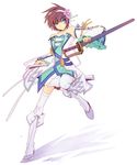 adapted_costume asbel_lhant bare_shoulders blue_eyes boots brown_hair crossdressing flower full_body hair_ornament hairband knee_boots male_focus retpa skirt solo sword tales_of_(series) tales_of_graces thighhighs weapon white_background white_legwear 