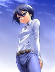  bad_id bad_pixiv_id belt blue_eyes blue_hair cloud denim expressionless funnyari jeans kino kino_no_tabi long_sleeves pants short_hair sky solo 