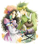  1girl ahoge bad_id bad_pixiv_id black_hair closed_eyes couple dress flower food fruit gloves grapes green_hair green_shirt hat headgear hetero hilda_rhambling holding_hands k-mame long_hair messy_hair petals purple_eyes shirt smile tales_of_(series) tales_of_rebirth tytree_crowe white_background 