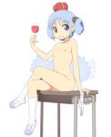  alcohol blue_eyes blue_hair blush caryo crossed_legs crown cup desk drinking_glass flat_chest flower full_body glass hair_cubes hair_ornament kneehighs looking_at_viewer naganohara_mio nanashino nichijou nipples nude panties shoes short_hair short_twintails simple_background sitting smile solo twintails underwear uwabaki white_background white_legwear wine wine_glass 