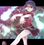  grey_hair grin hat jiangshi miruki miyako_yoshika ofuda outstretched_arms pale_skin purple_eyes short_hair skirt smile solo star touhou walking zombie_pose 