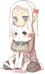  7010 animal blouse blue_eyes blush bow brown_eyes cat collar cute furry hair_bow hair_ribbon hug pants ribbon sitting white_hair 