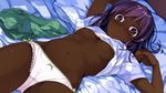  bed blush bow_panties bra bra_lift brown_eyes brown_hair cameltoe cradle_(artist) dark_skin ebony high_res lingerie lying misaki_kurehito nipples oppai pantsu shirt_lift short_hair suiheisen_made_nan_mile? tsuyazaki_kokage white_panties 