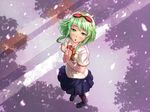  blush goggles green_eyes green_hair gumi highres kazeno looking_up open_mouth pantyhose petals school_uniform short_hair skirt solo vocaloid wind 