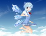  ass bad_id bad_pixiv_id barefoot blue_eyes blue_hair cirno cloud day feet flat_chest flying fujioka_toki hair_ribbon highres no_panties ribbon short_hair sky solo touhou wings 