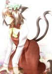  all_fours animal_ears blush brown_eyes brown_hair cat_ears cat_tail chen earrings hat jewelry multiple_tails shirayuki_mutsumi short_hair solo tail touhou 