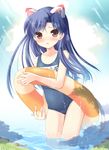  animal_ears bad_id bad_pixiv_id blue_hair brown_eyes cat_ears idolmaster idolmaster_(classic) idolmaster_live_for_you! innertube kisaragi_chihaya komi_zumiko long_hair one-piece_swimsuit school_swimsuit solo swimsuit tail water 