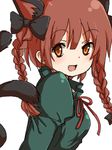  animal_ears bow braid cat_ears cat_tail fang hair_bow kaenbyou_rin lowres multiple_tails red_eyes red_hair satoimoya solo tail touhou twin_braids twintails upper_body 