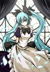  absurdres alternate_costume aqua_eyes aqua_hair arik-kun bow bowtie curtains dress enmaided hair_ribbon hatsune_miku highres long_hair maid ribbon solo twintails very_long_hair vocaloid window 