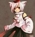  74_(teduka) animal_ears bare_shoulders detached_sleeves hat inubashiri_momiji red_eyes short_hair skirt sleeves_past_wrists solo tail tokin_hat touhou white_hair wolf_ears wolf_tail 