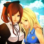  2girls blonde_hair erza_scarlet fairy_tail goth gothic lolita lolita_fashion long_hair lucy_heartfilia multiple_girls ponytail red_hair ribbon smile thelittlefirefly thighhighs 