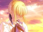  ahoge blonde blouse fate/stay_night game_cg green_eyes happy ribbon saber shy sky smile takeuchi_takashi type-moon 