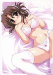  bed blush bow_panties bra breast_squeeze breast_suppress brown_hair cleavage erect_nipples hairband hayate_no_gotoku! lingerie lying maid maria midriff navel oppai pantsu red_eyes shaa short_hair sweat tagme thighhighs transparent_clothing 